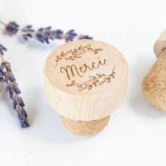 Bouchon de vin réutilisable en bois "merci"