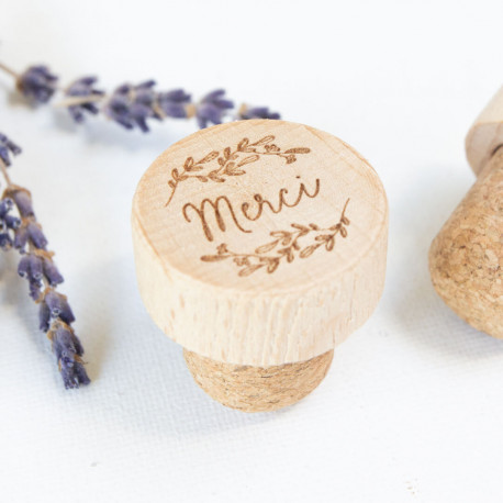 Bouchon de vin réutilisable en bois "merci"