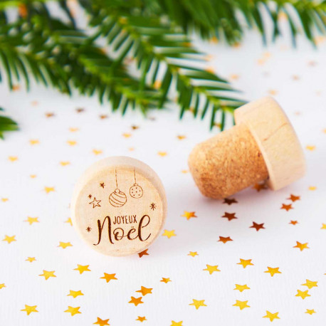 Bouchon de vin réutilisable en bois motif "Joyeux Noël"